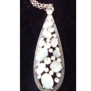 Silver Tone White Faux Opal and Rhinestone Teardrop Pendant Necklace